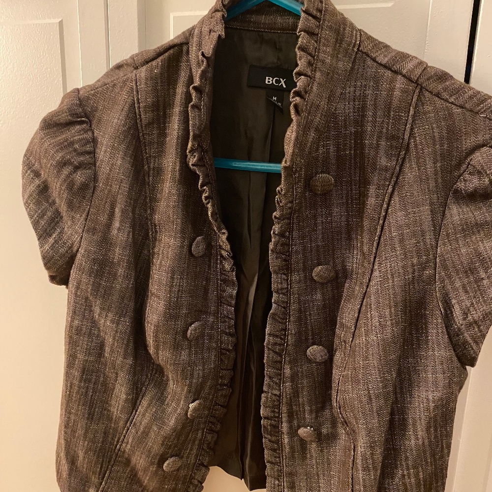BCX Cropped Ruffle Business Jacket with Capped Sleeves